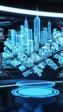 Holographic 3D city map and urban planning data in a futuristic laboratory