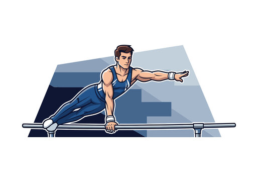 Male gymnast performing on parallel bars in a dynamic athletic illustration