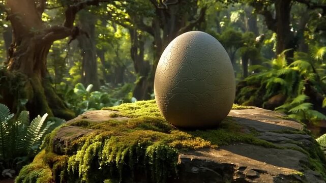 Large egg on mossy forest stump.