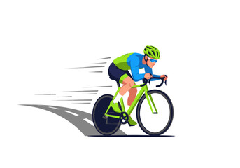 Fototapeta premium Male cyclist in a helmet and sportswear riding a green road bike quickly