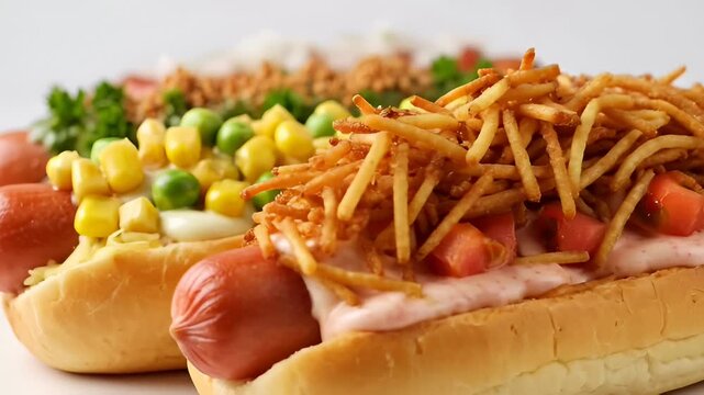 Delicious Hot Dogs With Various Toppings, Close-Up Macro Shot