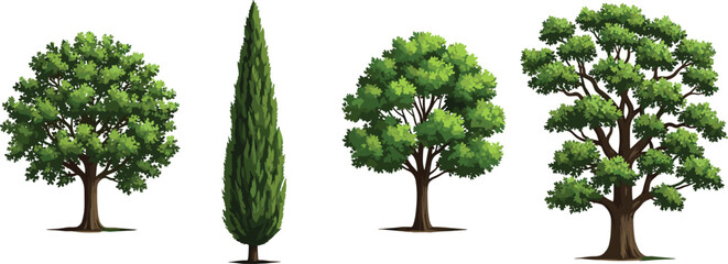 Collection of realistic green forest trees isolated on white background botanical nature vector illustration set © MDBELAL