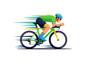 Fototapeta premium Energetic male cyclist in blue helmet riding a green road bike at high speed with motion blur effect