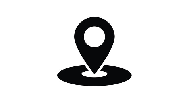 Simple black and white icon depicting a location pin on a circular base