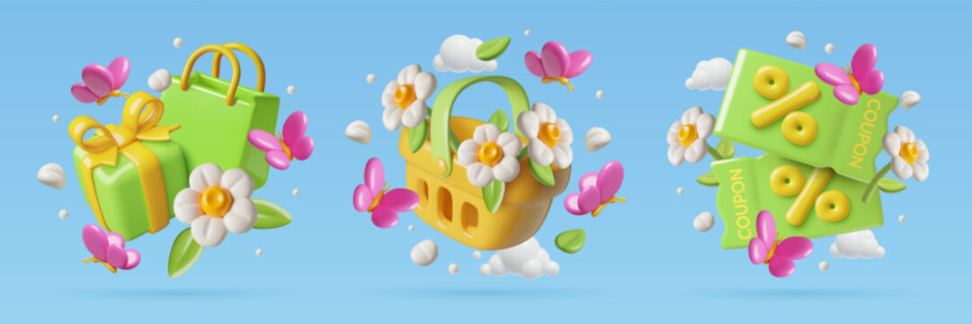 Spring sale 3d icons with flowers, butterflies shopping bag, basket and discount coupons. Cute realistic vector illustration.