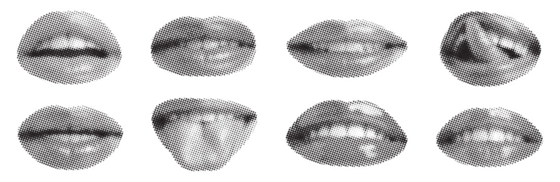Halftone collage lips and mouth gesture set, Dotted modern retro urban pop art style. Human Lips Showing Different Shapes and Emotions in Black and White