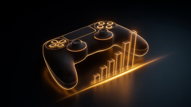 Game controller with rising data chart symbolizing growth in the gaming industry and digital entertainment economy