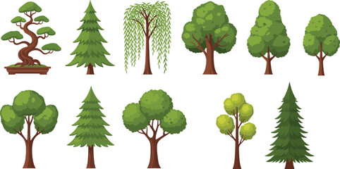 Collection of various cartoon forest trees isolated on white background nature plant vector illustration set © MDBELAL