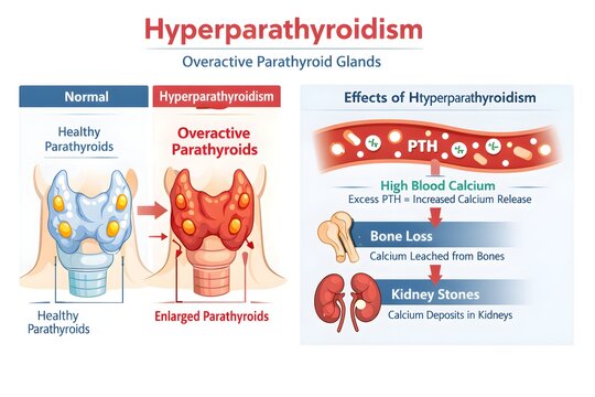 Hyperparathyroidism Disease Infographic Showing Enlarged Parathyroid Glands and Calcium Imbalance Effects on Bones and Kidneys