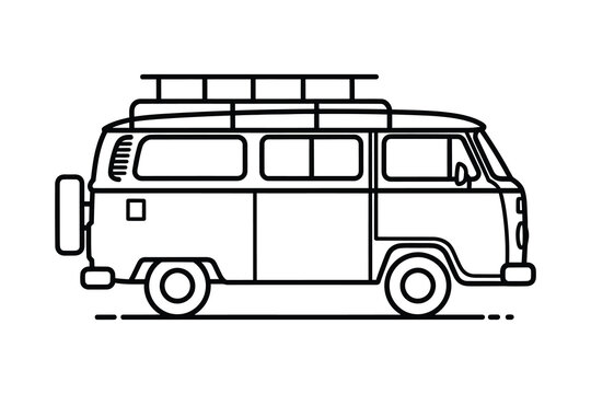 A black line drawing of a classic Volkswagen van with roof rack, side view, simple minimalist illustration for travel and adventure themes.