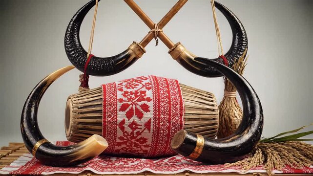 Assamese dhol and pepa musical instruments for bihu festival celebration