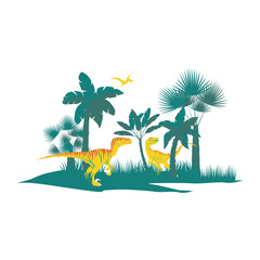 A stunning vector illustration of a tropical island paradise featuring palm tree silhouettes on a sandy beach against a vibrant summer sunset over the ocean © MdAbed