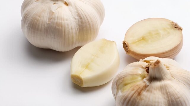 Close-Up of Fresh Garlic Bulbs and Cloves Arranged on a White Surface