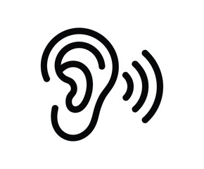 A simple black icon of a human ear with sound waves emanating from it