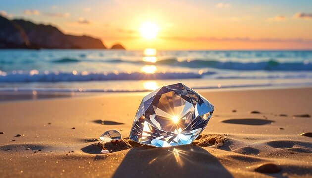 A large, radiant cut gem rests in the warm sand of a beach as the sun sets over the ocean, with the island in the background