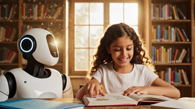 Young girl reading a book next to a futuristic white robot in a sunlit library