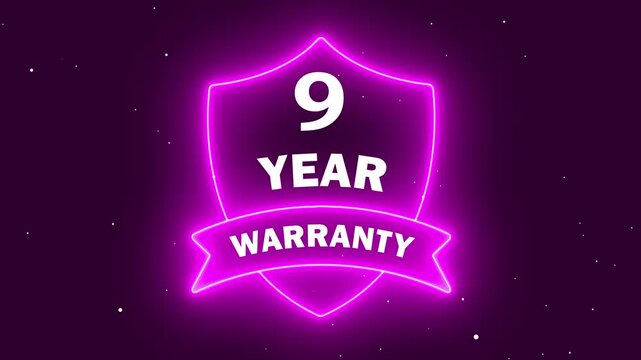 A vibrant digital graphic featuring a glowing purple neon shield icon with the text 9 Year Warranty, representing long-term protection, quality assurance, and reliable business service guarantees.