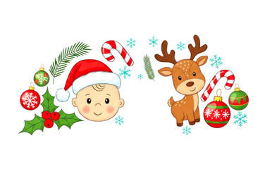 Fototapeta premium 3D Christmas Baby Santa Claus and Reindeer Cartoon Cutout PNG Isolated Transparent BG