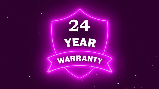 Neon Pink 24 Year Warranty Shield Badge Icon on Dark Background, High Quality Product Guarantee Symbol for Marketing and Customer Service