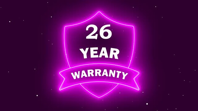 A vibrant neon glowing shield icon with the text 26 Year Warranty, set against a dark purple background, perfect for service quality assurance and product protection marketing assets.