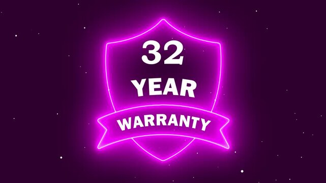 A vibrant purple neon shield icon featuring the text 32 Year Warranty, set against a dark starry background. This high-quality graphic represents long-term quality assurance and product reliability.