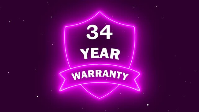 A vibrant neon glowing shield icon with the text 34 year warranty, isolated on a dark background, perfect for service guarantees, retail badges, and promotional marketing materials.