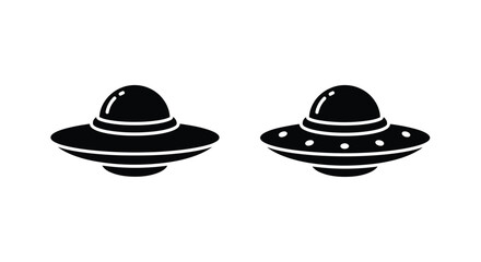 Two black and white illustrations of classic flying saucer shaped ufos © msunny93
