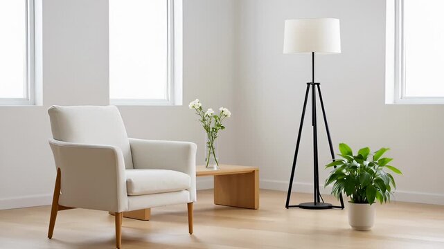 Modern Living Room Interior With White Armchair, Floor Lamp and Potted Plant