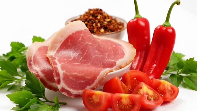 Fresh Raw Ham Slices With Tomatoes, Chili Peppers, and Herbs on White Background