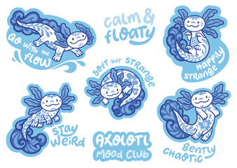 Calm and floaty. Gzhel-inspired folk axolotl characters. Vector sticker set