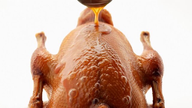 Close-Up of a Perfectly Roasted Duck Being Basted With Sauce on a White Background
