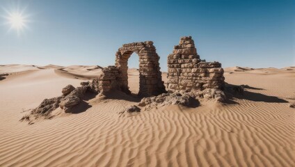 Ancient weathered stone ruins stand against a bright sun in a vast desert landscape