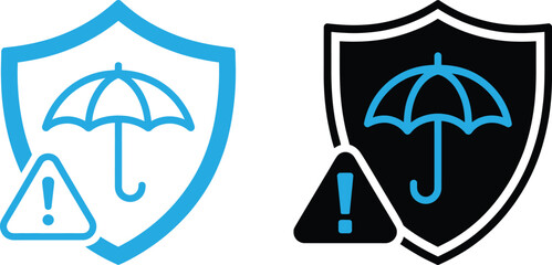 Dual shield icons with umbrella and warning symbols conveying protection and caution. © Raton