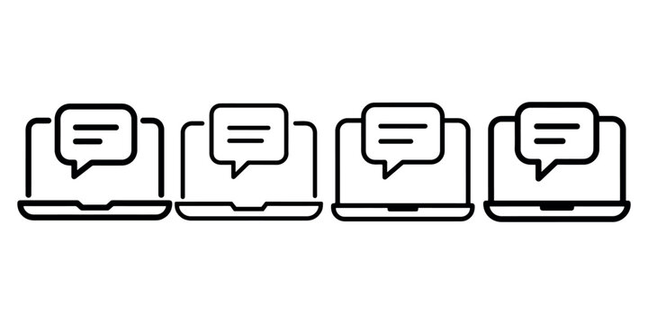 Laptop message icon, computer with speech bubble symbol, online communication, chat on notebook screen, digital conversation