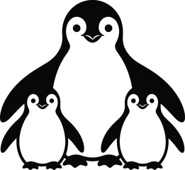 A cartoon illustration of a penguin with its two chicks standing together. © Raton