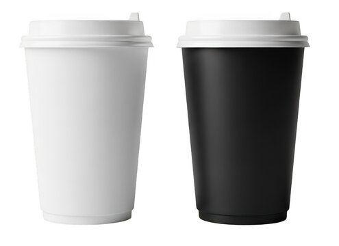 Comparison of white and black disposable coffee cups displayed side by side