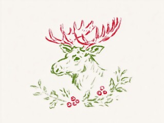 Obraz premium Red moose head illustration with large antlers and textured fur, detailed hand-drawn wildlife sketch facing left, stylized forest animal portrait with small decorative hearts around antlers.