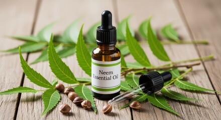 Fototapeta premium A bottle of neem essential oil rests on a rustic wooden surface amidst fresh green neem leaves and small seeds.