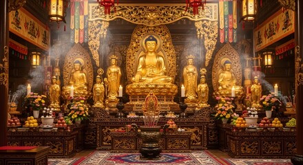 Fototapeta premium Golden buddha statue surrounded by ornate decor in traditional setting