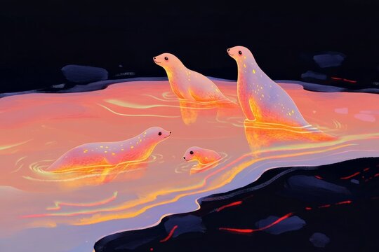 Enchanting selkie family by glowing waters at twilight