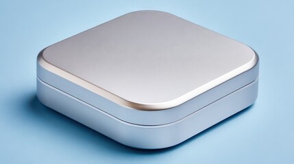 Elegant Silver Metal Container with Rounded Corners and Soft Light Blue Background a Clean Minimalist Product Presentation Emphasizing Smooth Surfaces and Subtle Reflection