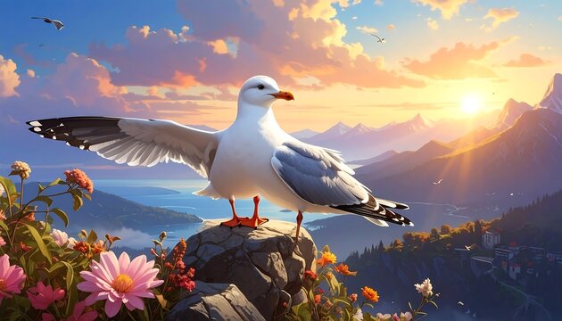 A majestic seabird with outstretched wings perched on a rock amidst vibrant wildflowers, overlooking a picturesque landscape