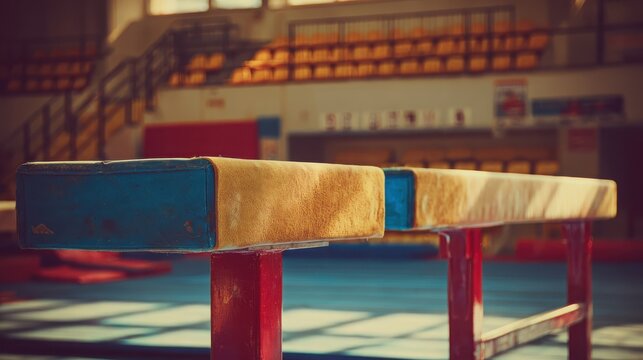 Close-up view of gymnastic parallel bars in a training facility with seating in the background