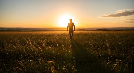 Fototapeta premium Silhouette of a person standing in a vast field at sunset