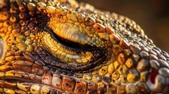 Close-up of a reptiles eye, showcasing intricate scales and vibrant colors.