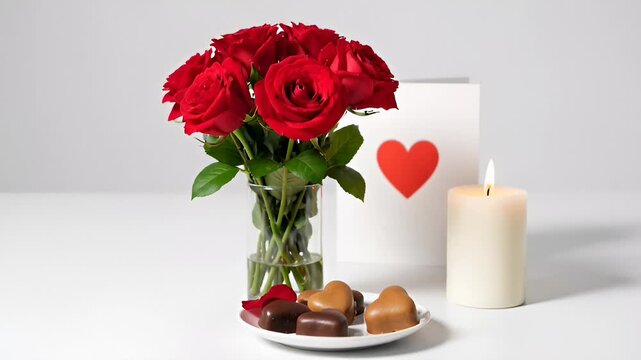 Valentine's Day Setup With Red Roses, Heart Candies, and Lit Candle on Table