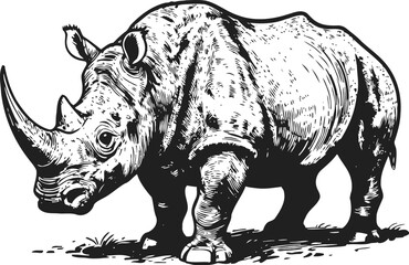 Detailed black and white illustration of a standing rhinoceros facing forward with textured skin and horns