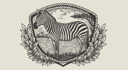 Fototapeta premium Detailed vintage zebra illustration framed with rope and leaves, wildlife engraving with natural background