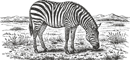 Fototapeta premium Zebra grazing in savanna landscape hand drawn wild animal sketch with grass, rocks, and distant hills african nature scene