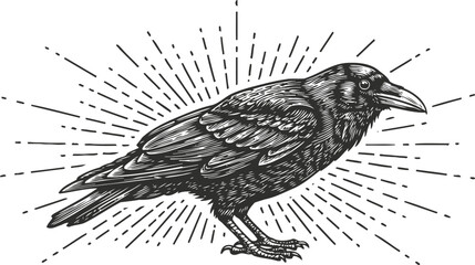 Fototapeta premium Black raven bird illustration with sunburst rays in vintage engraving